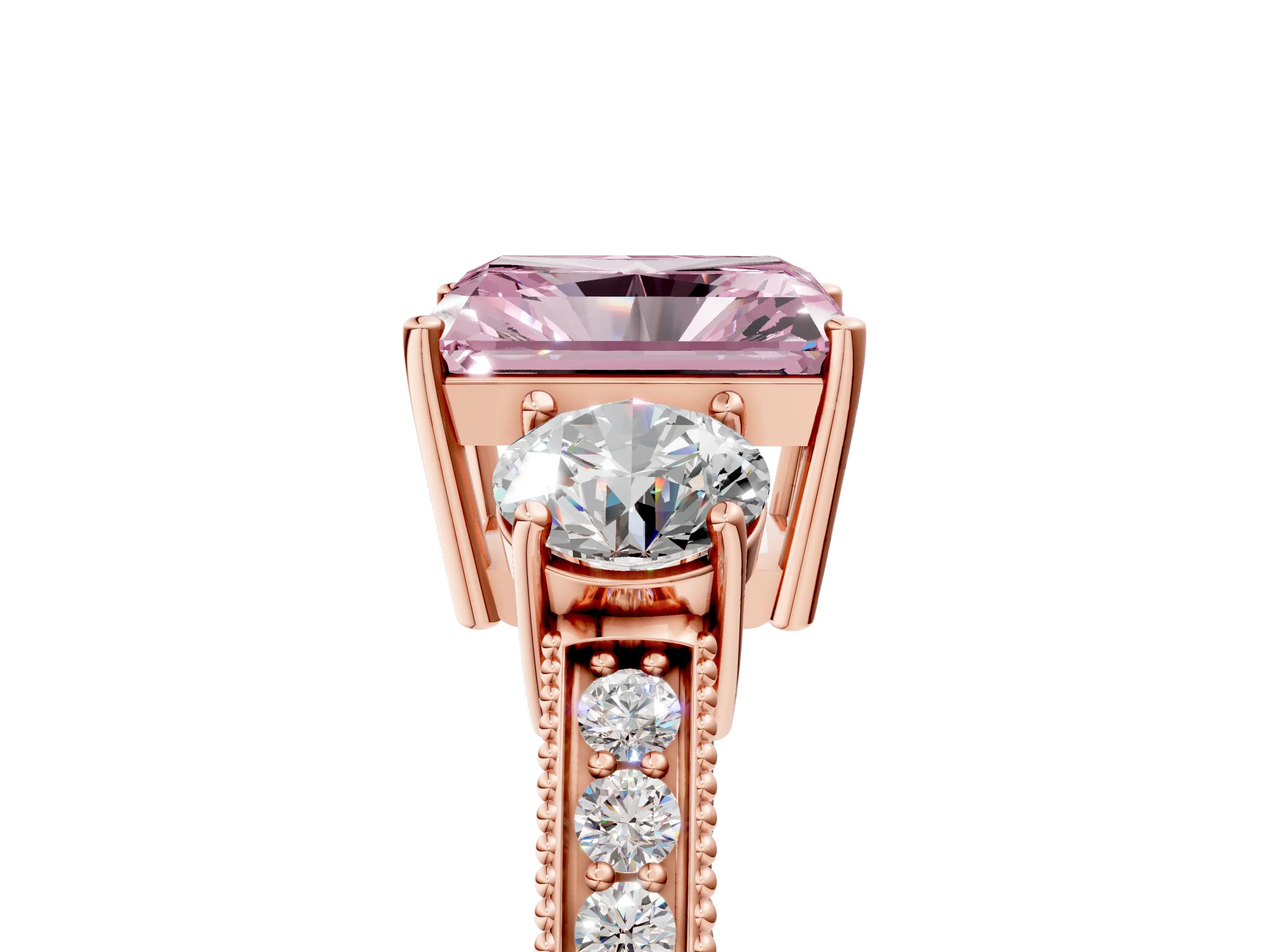 Rose gold Fancy Pink Radiant Cut Three-Stone Diamond Ring with Pavé Band and Four-Prong Setting_5
