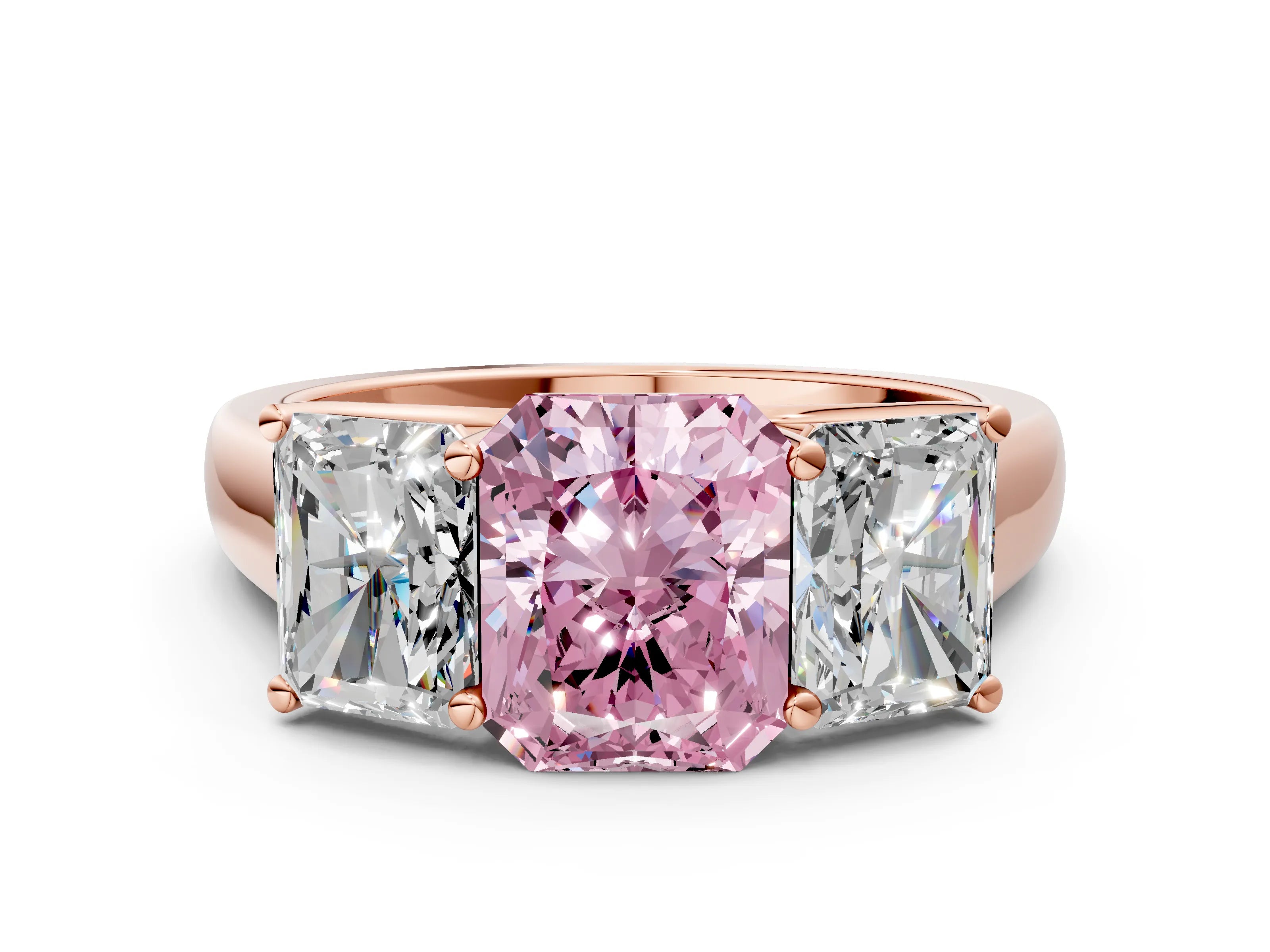 Rose gold Fancy Pink Radiant Cut Three-Stone Diamond Ring with Prong Setting on a Classic Band