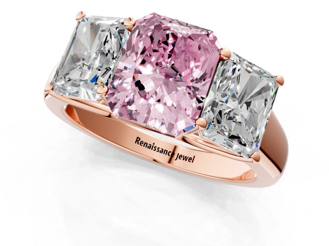 Rose gold Fancy Pink Radiant Cut Three-Stone Diamond Ring with Prong Setting on a Classic Band_1