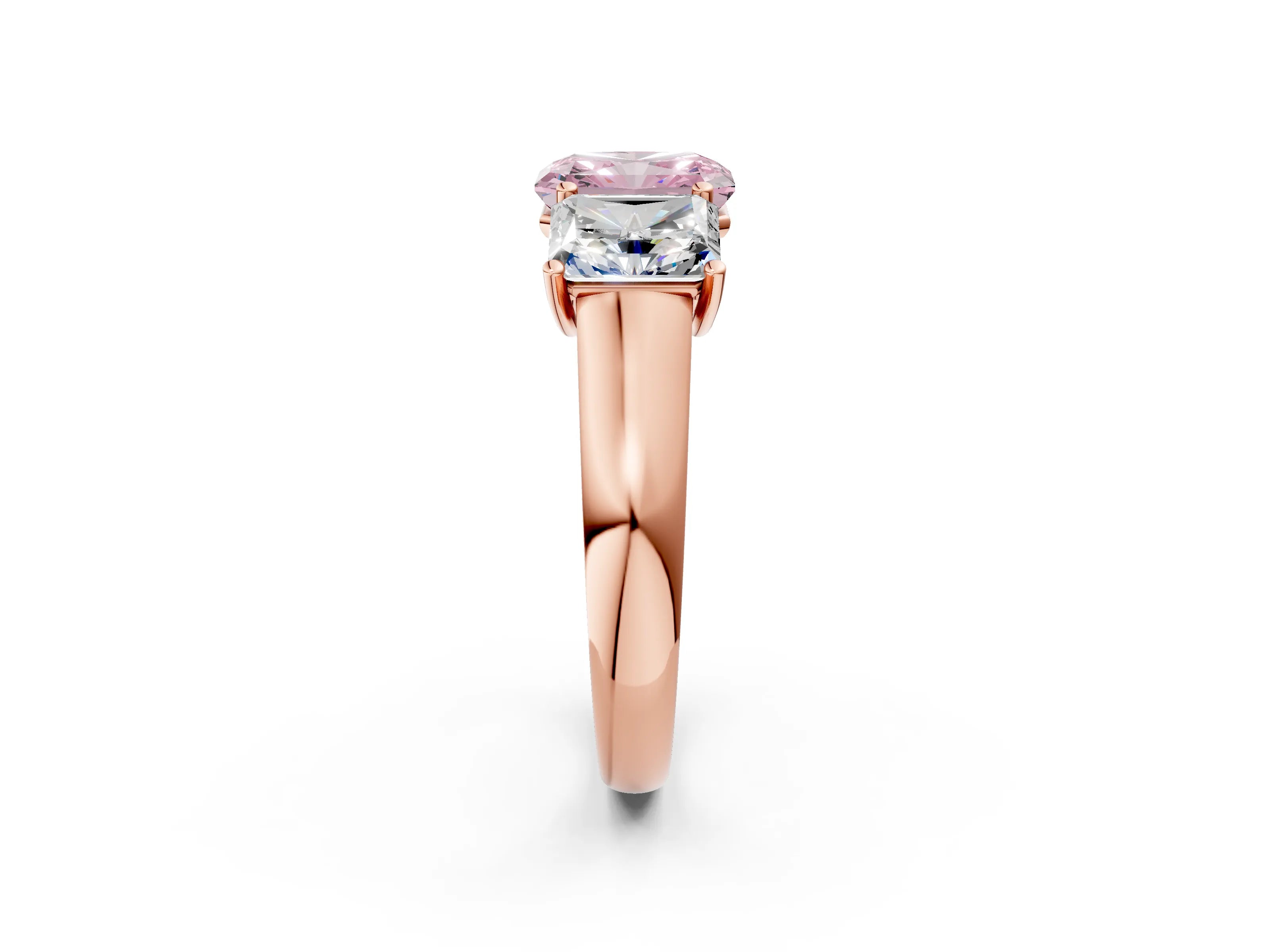 Rose gold Fancy Pink Radiant Cut Three-Stone Diamond Ring with Prong Setting on a Classic Band_2