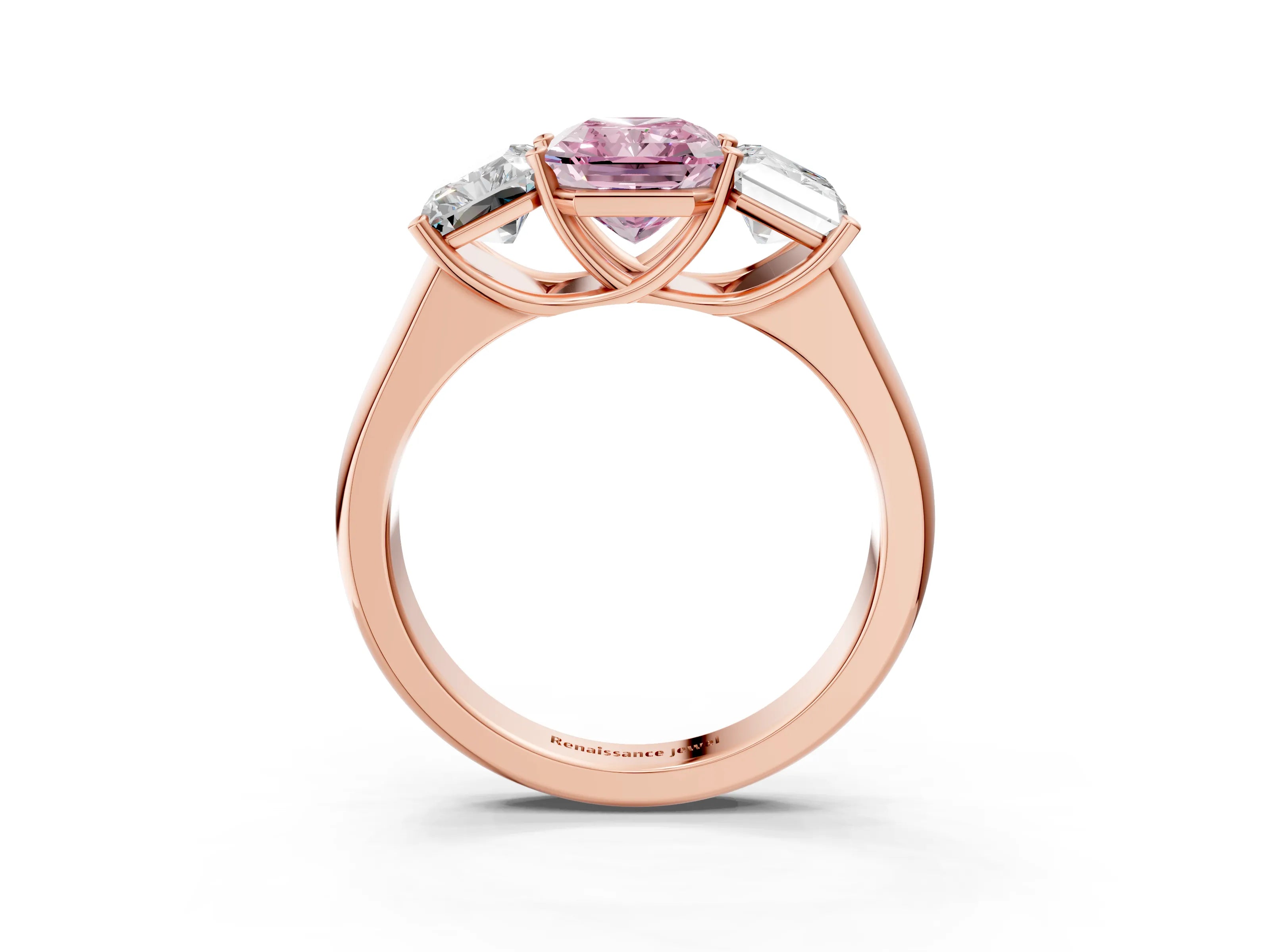 Rose gold Fancy Pink Radiant Cut Three-Stone Diamond Ring with Prong Setting on a Classic Band_3