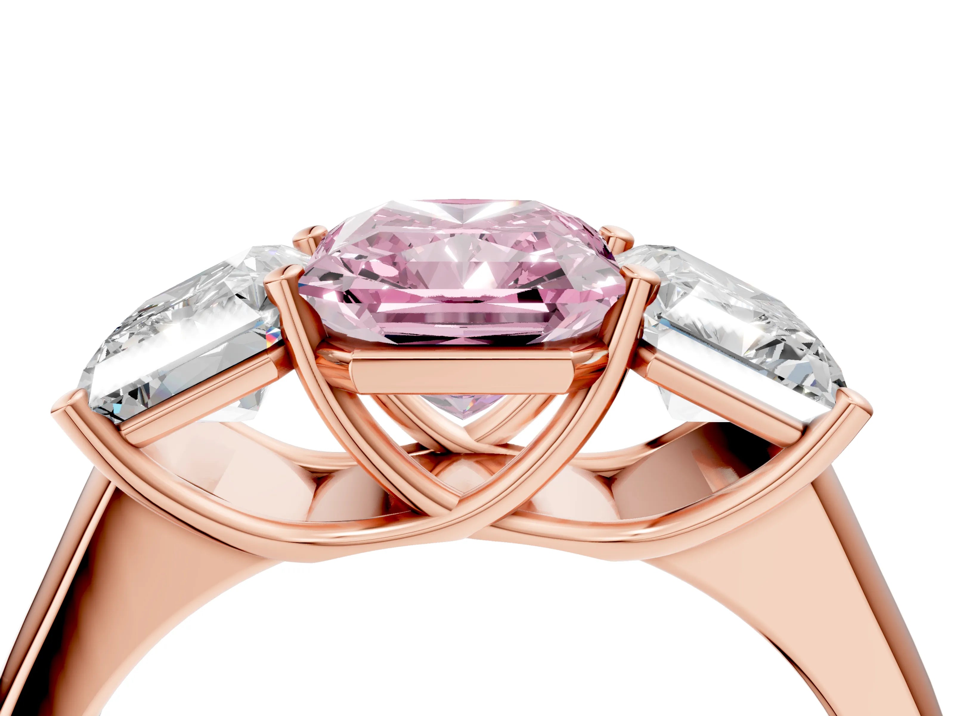 Rose gold Fancy Pink Radiant Cut Three-Stone Diamond Ring with Prong Setting on a Classic Band_4