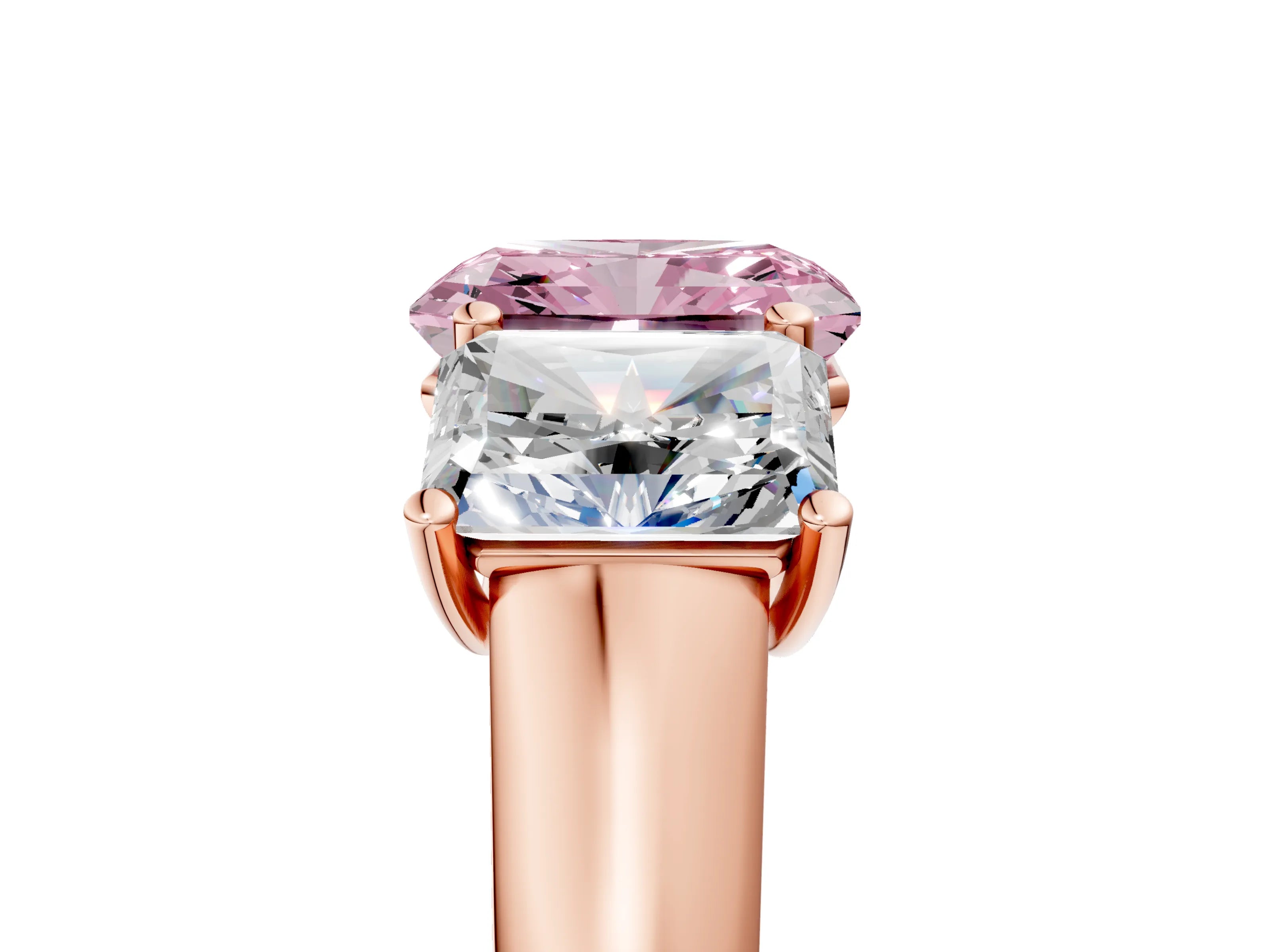 Rose gold Fancy Pink Radiant Cut Three-Stone Diamond Ring with Prong Setting on a Classic Band_5