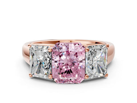 Rose gold Fancy Pink Radiant Cut Three-Stone Diamond Ring with Prong Setting on a Classic Band