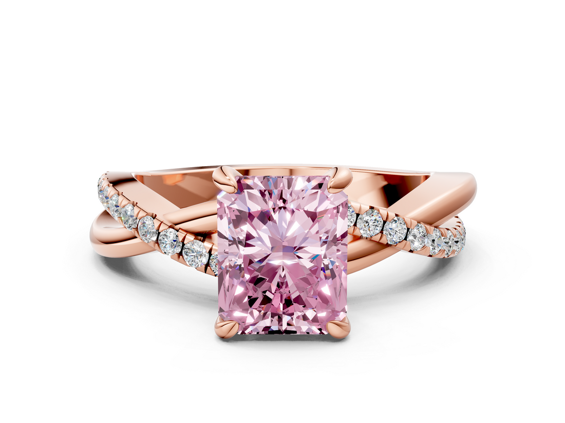 Rose gold Fancy Pink Radiant  Cut Twist Band Solitaire Diamond Ring with Pavé Setting_3
