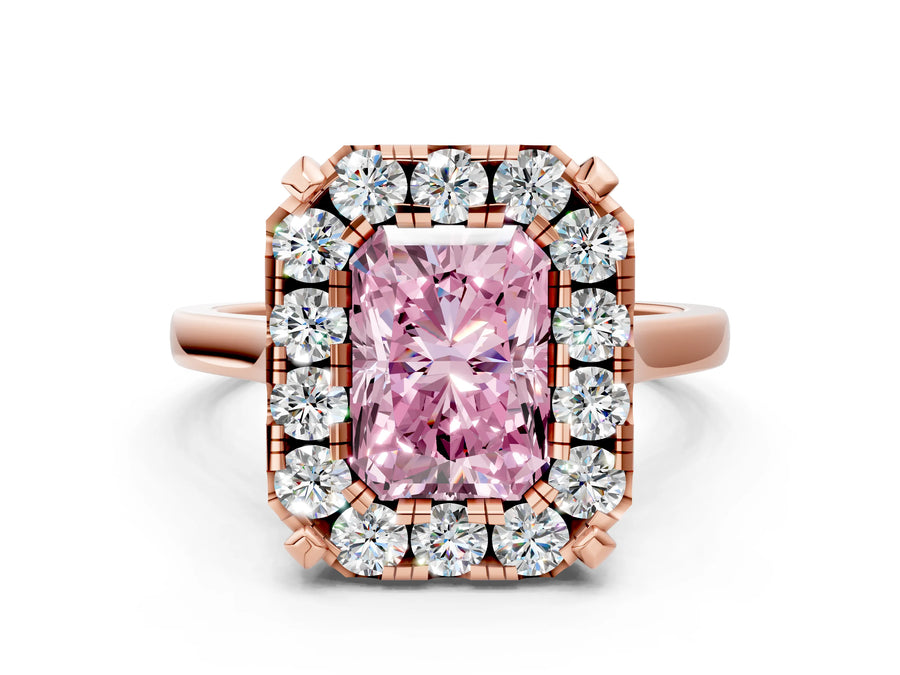Rose gold Fancy Pink Radiant  Diamond Cluster Halo Solitaire with Four-Prong Setting