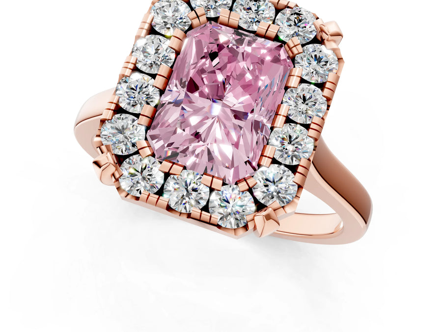 Rose gold Fancy Pink Radiant  Diamond Cluster Halo Solitaire with Four-Prong Setting