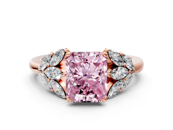 Rose gold Fancy Pink Radiant  Diamond Cluster Leaf Design Ring with Prong Setting