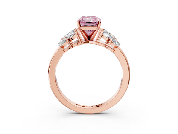 Rose gold Fancy Pink Radiant  Diamond Cluster Leaf Design Ring with Prong Setting