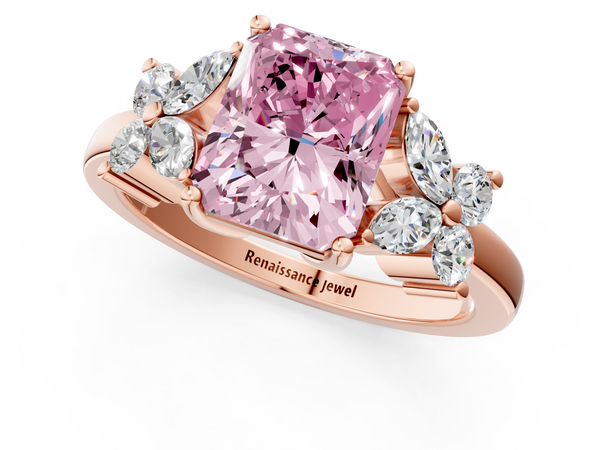 Rose gold Fancy Pink Radiant  Diamond Floral Cluster Ring with Solitaire Band and Prong Setting