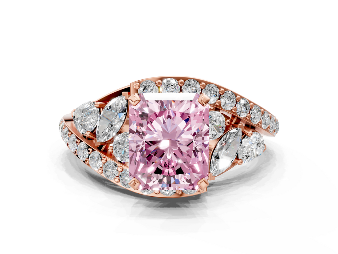 Rose gold Fancy Pink Radiant  Diamond Halo Ring with Marquise and Pavé Band in Prong Setting_37