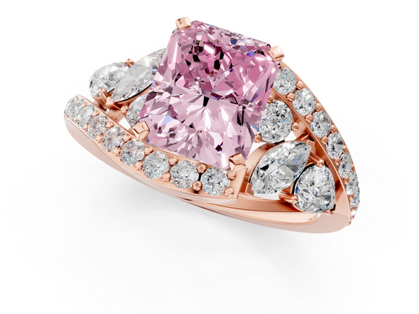 Rose gold Fancy Pink Radiant  Diamond Halo Ring with Marquise and Pavé Band in Prong Setting
