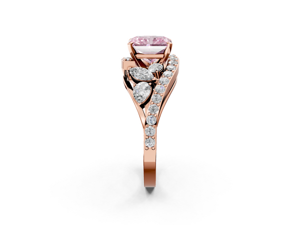 Rose gold Fancy Pink Radiant  Diamond Halo Ring with Marquise and Pavé Band in Prong Setting