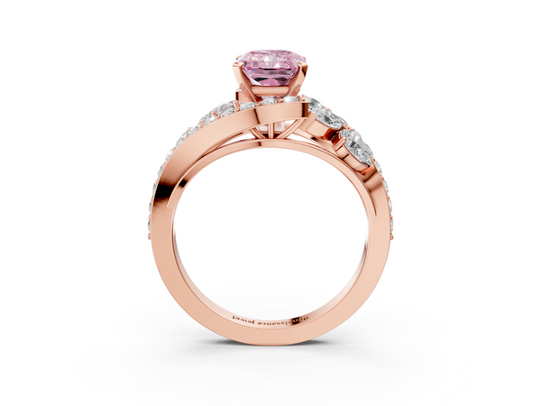 Rose gold Fancy Pink Radiant  Diamond Halo Ring with Marquise and Pavé Band in Prong Setting