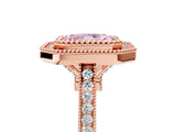 Rose gold Fancy Pink Radiant  Diamond Halo Ring with Milgrain Frame and Pavé Band 5