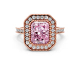Rose gold Fancy Pink Radiant  Diamond Halo Ring with Milgrain Frame and Pavé Band