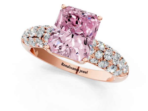 Rose gold Fancy Pink Radiant  Diamond Pavé Band Solitaire Ring with Four-Prong Setting