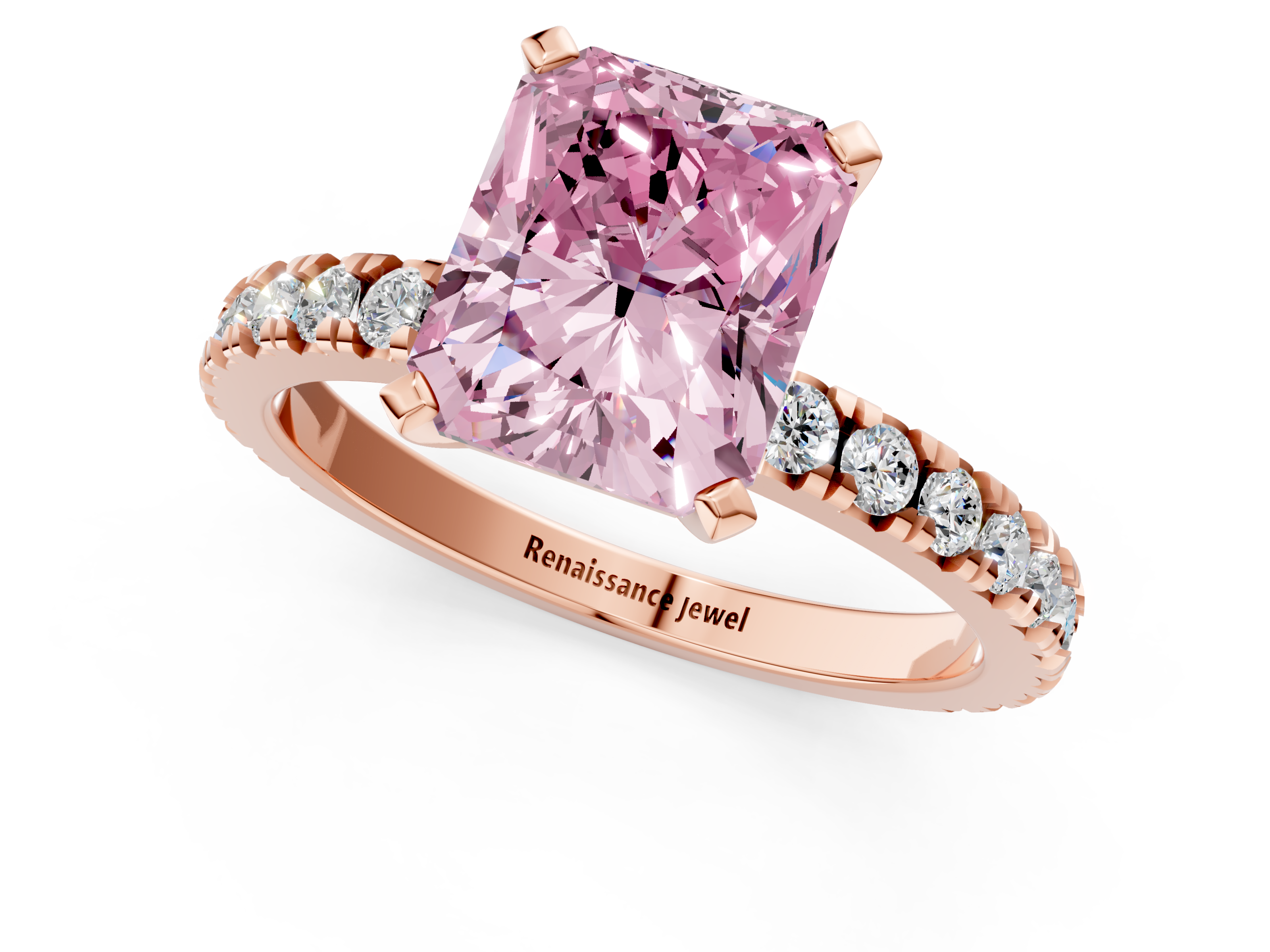 Rose gold Fancy Pink Radiant  Diamond Pavé Band Solitaire with Four-Prong Setting_202
