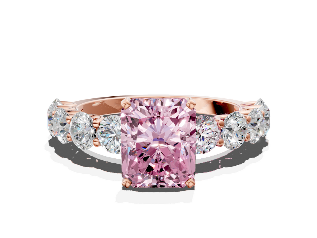 Rose gold Fancy Pink Radiant  Diamond Prong Setting with Side Stones on a Pave Band_132
