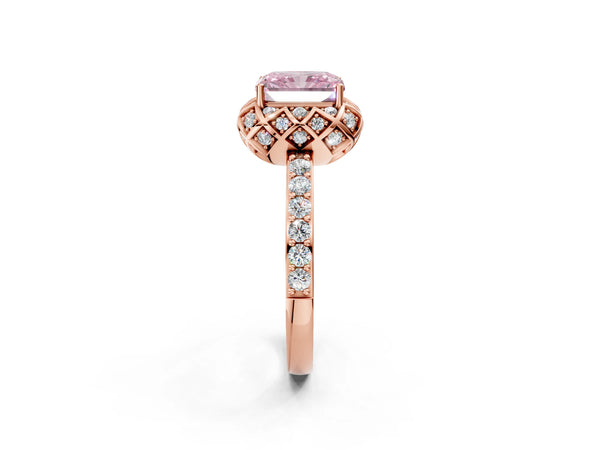 Rose gold Fancy Pink Radiant  Diamond Solitaire Ring with Shared Prong Pavé Band