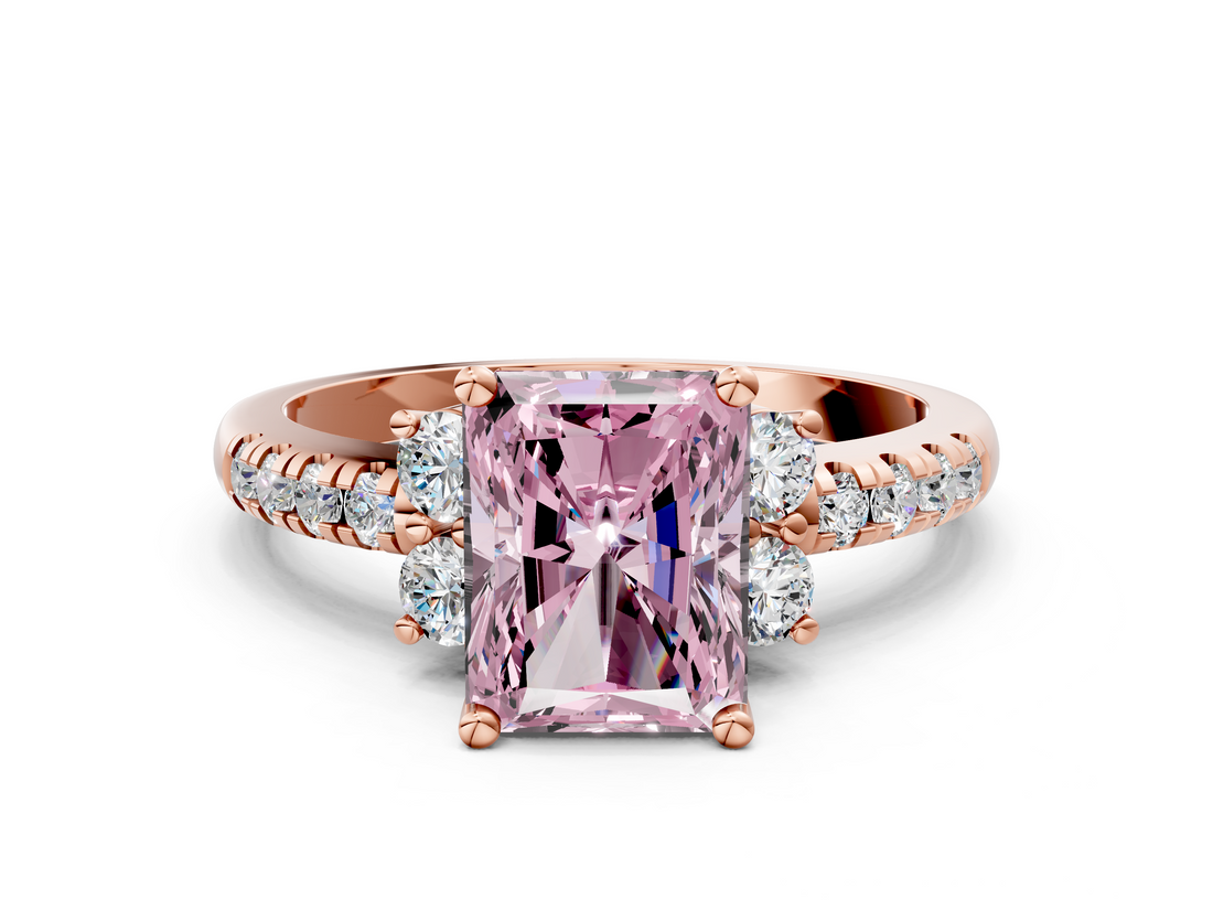 Rose gold Fancy Pink Radiant  Diamond Three-Stone Pave Band with Four-Prong Setting_20