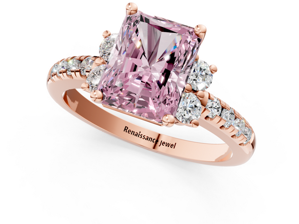 Rose gold Fancy Pink Radiant  Diamond Three-Stone Pave Band with Four-Prong Setting