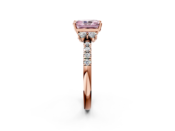 Rose gold Fancy Pink Radiant  Diamond Three-Stone Pave Band with Four-Prong Setting
