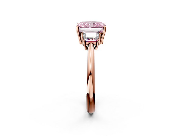 Rose gold Fancy Pink Radiant  Diamond Three-Stone Ring with Trapezoid Side Stones and Prong Setting