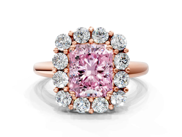 Rose gold Fancy Pink Radiant  Halo Cluster Diamond Engagement Ring with Prong Setting and Polished Band