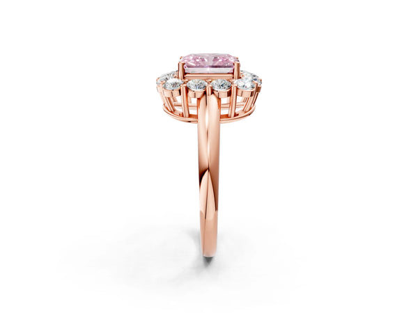 Rose gold Fancy Pink Radiant  Halo Cluster Diamond Engagement Ring with Prong Setting and Polished Band