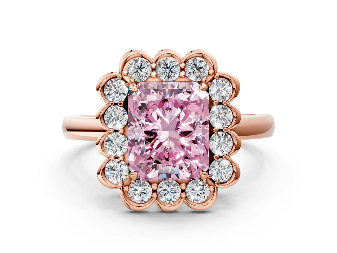 Rose gold Fancy Pink Radiant  Halo Cluster Diamond Engagement Ring with Solitaire Band and Prong Setting_48
