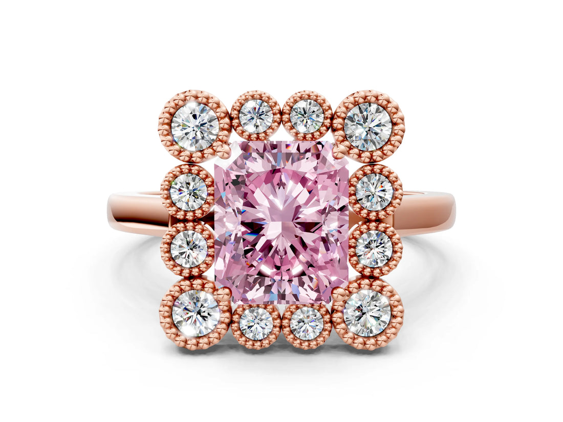 Rose gold Fancy Pink Radiant  Halo Diamond Cluster Engagement Ring with Milgrain Bezel Setting and Solitaire Band_87