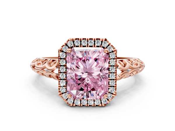 Rose gold Fancy Pink Radiant  Halo Diamond Engagement Ring with Intricate Filigree Band and Four-Prong Setting