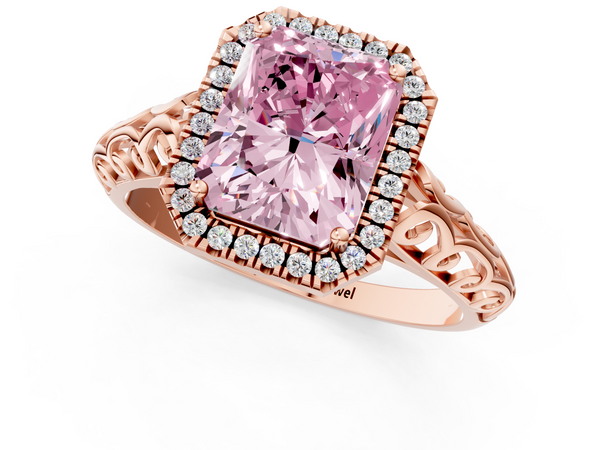Rose gold Fancy Pink Radiant  Halo Diamond Engagement Ring with Intricate Filigree Band and Four-Prong Setting