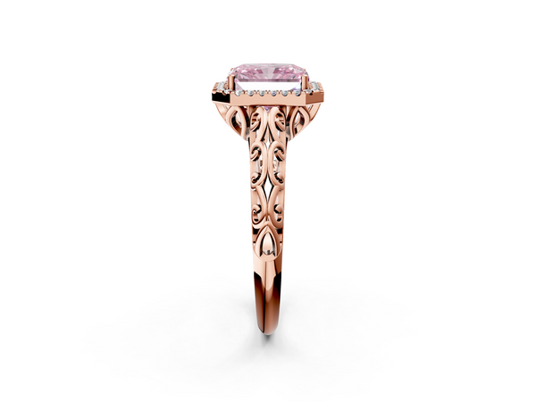 Rose gold Fancy Pink Radiant  Halo Diamond Engagement Ring with Intricate Filigree Band and Four-Prong Setting