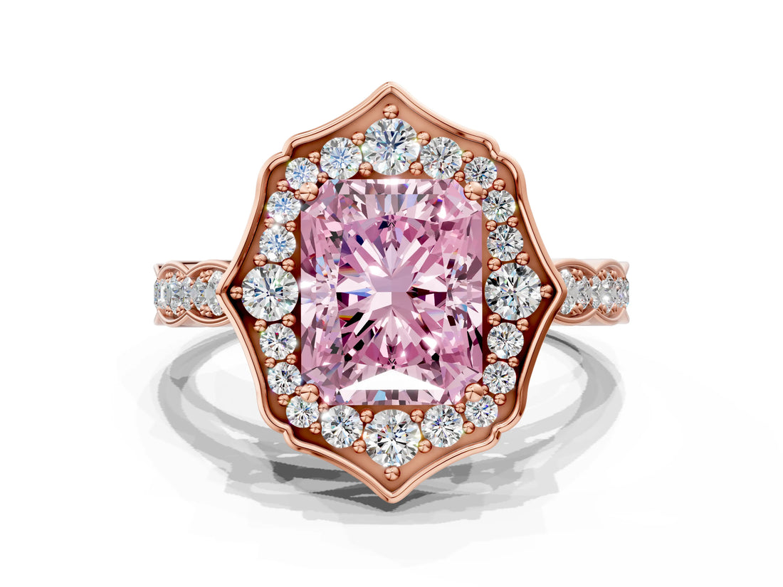 Rose gold Fancy Pink Radiant  Halo Diamond Engagement Ring with Milgrain Band and Four-Prong Setting_54
