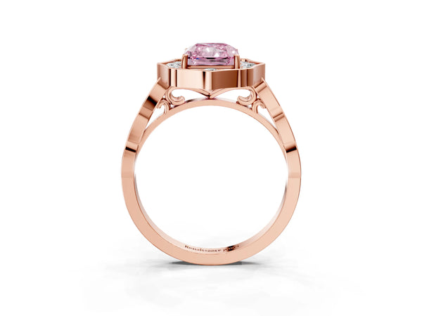 Rose gold Fancy Pink Radiant  Halo Diamond Engagement Ring with Milgrain Band and Four-Prong Setting