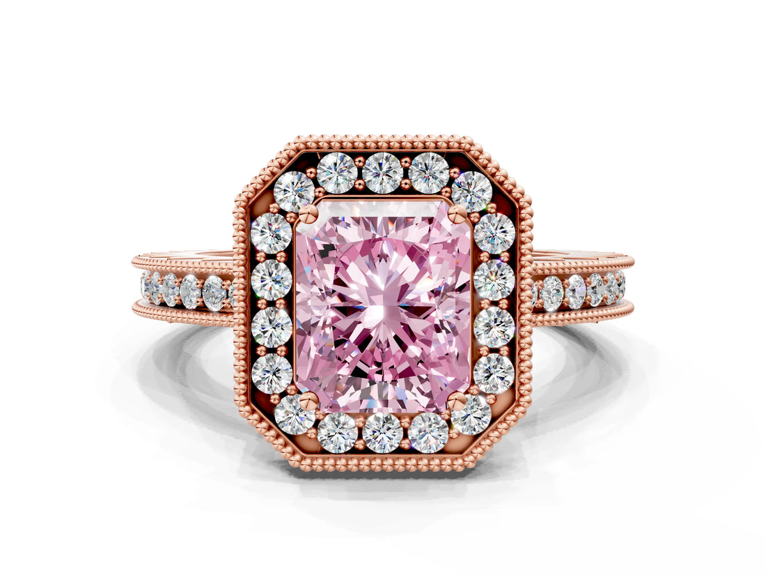 Rose gold Fancy Pink Radiant  Halo Diamond Engagement Ring with Milgrain Pave Band and Four-Prong Setting_51