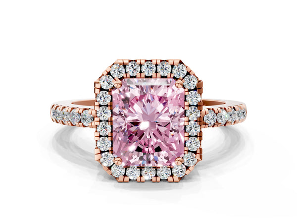 Rose gold Fancy Pink Radiant  Halo Diamond Engagement Ring with Pavé Band and Four-Prong Setting
