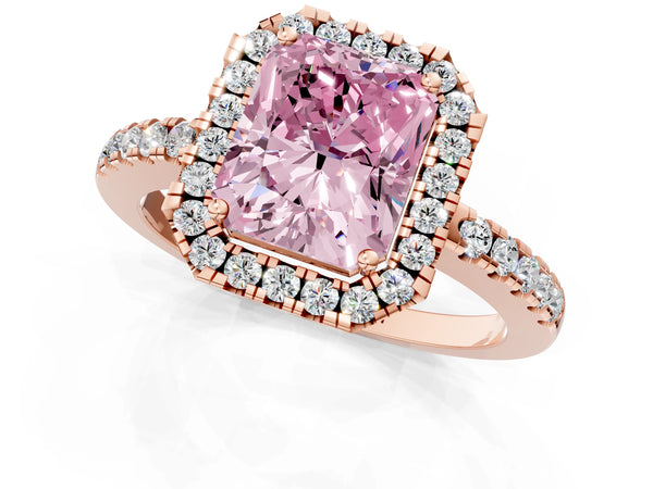 Rose gold Fancy Pink Radiant  Halo Diamond Engagement Ring with Pavé Band and Four-Prong Setting