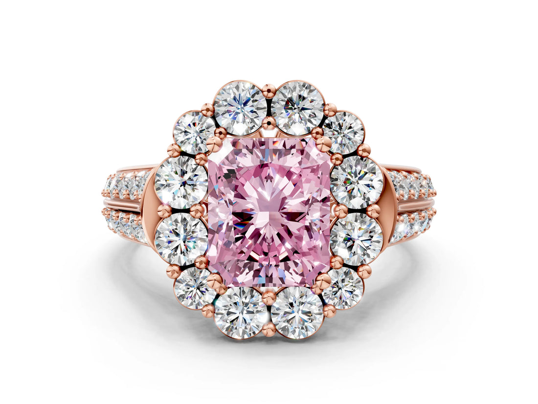 Rose gold Fancy Pink Radiant  Halo Diamond Engagement Ring with Split Shank and Prong Setting_66