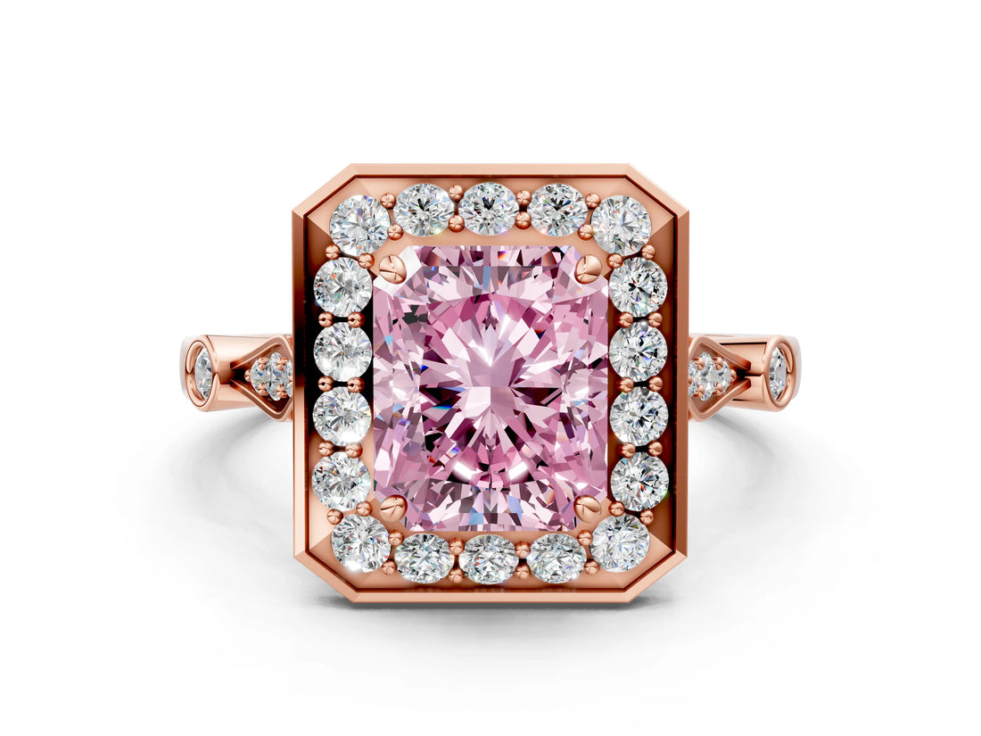 Rose gold Fancy Pink Radiant  Halo Diamond Engagement Ring with Twisted Band and Four-Prong Setting 1