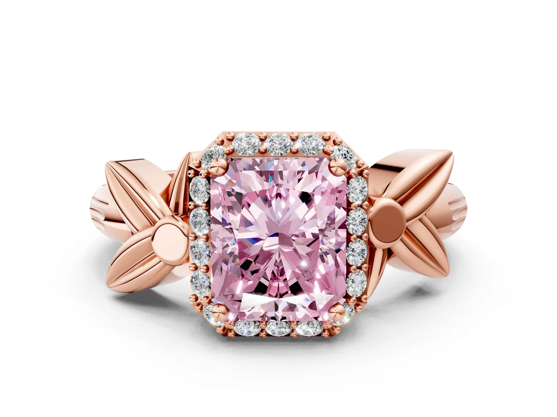 Rose gold Fancy Pink Radiant  Halo Diamond Floral Band with Four-Prong Setting_56
