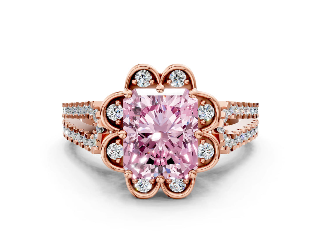 Rose gold Fancy Pink Radiant  Halo Diamond Floral Split Shank Engagement Ring 1
