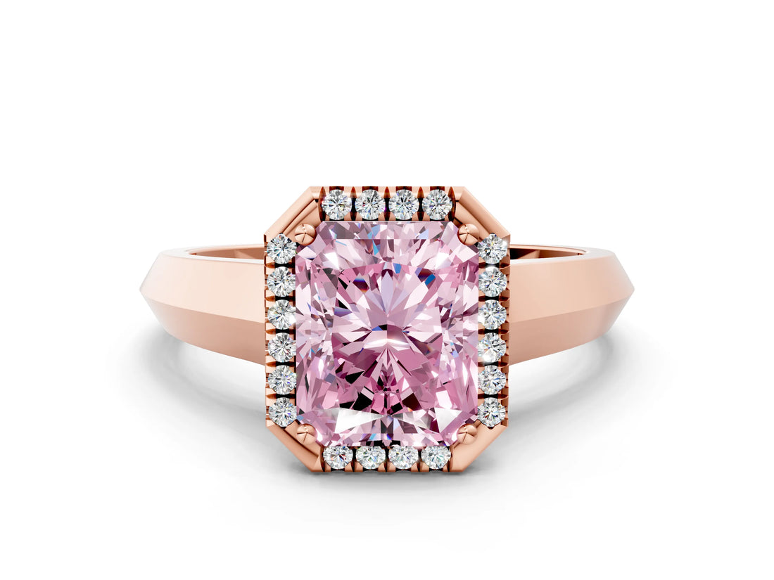 Rose gold Fancy Pink Radiant  Halo Diamond Ring with Cathedral Band and Four-Prong Setting_49