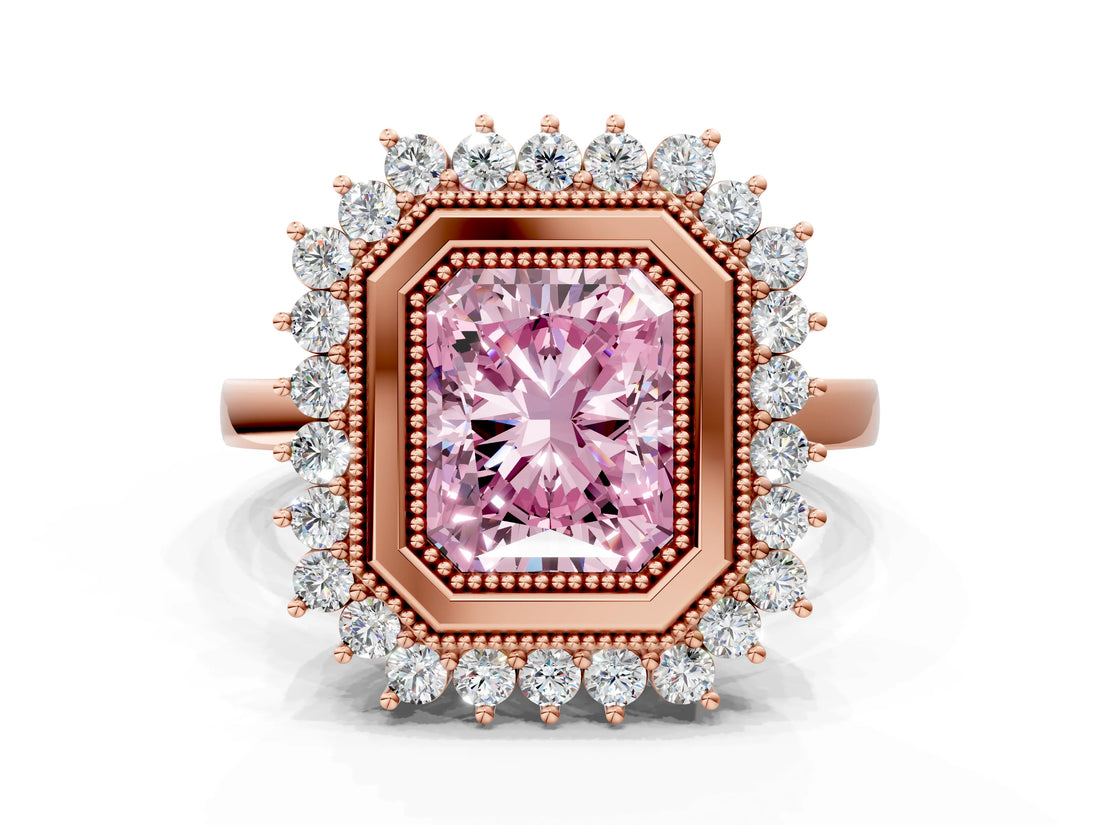 Rose gold Fancy Pink Radiant  Halo Diamond Ring with Milgrain Edge and Round Prong Setting_26