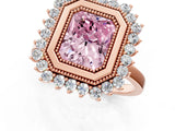Rose gold Fancy Pink Radiant  Halo Diamond Ring with Milgrain Edge and Round Prong Setting_27