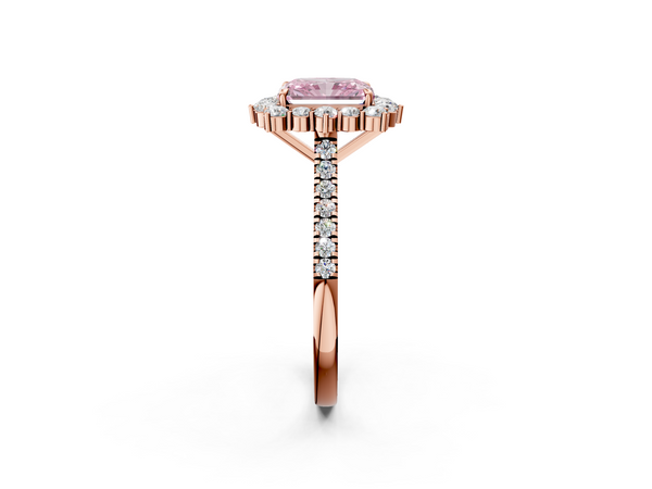 Rose gold Fancy Pink Radiant  Halo Diamond Ring with Pavé Band and Prong Setting