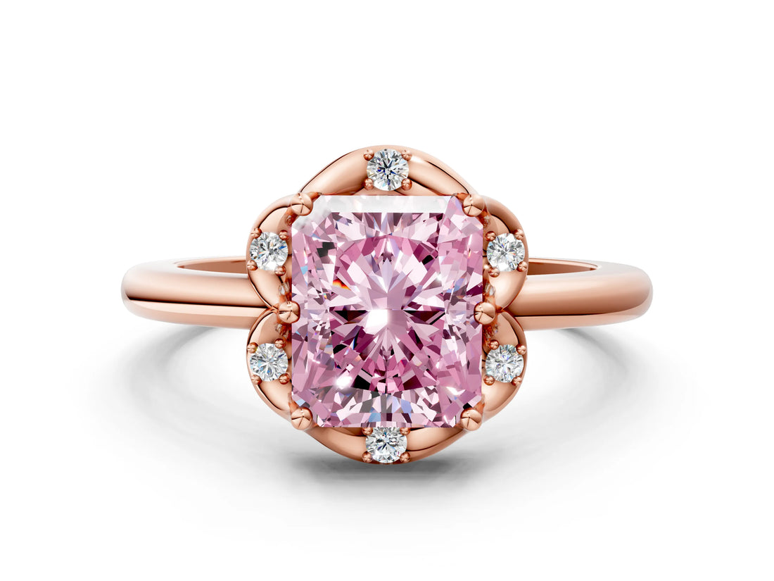 Rose gold Fancy Pink Radiant  Halo Diamond Ring with Round Cluster Setting, Solitaire Band, and Four-Prong Setting_51