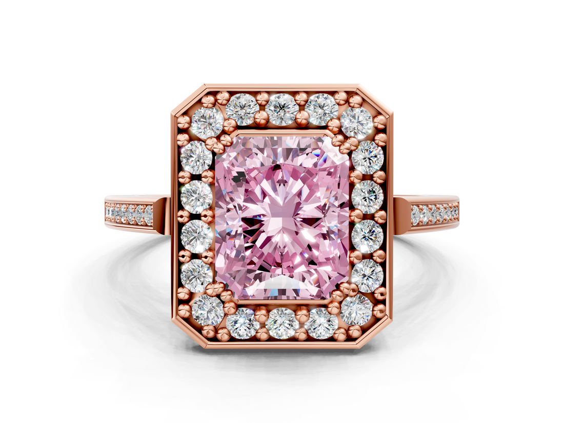 Rose gold Fancy Pink Radiant  Halo Diamond Ring with Split Shank and Four-Prong Setting_74